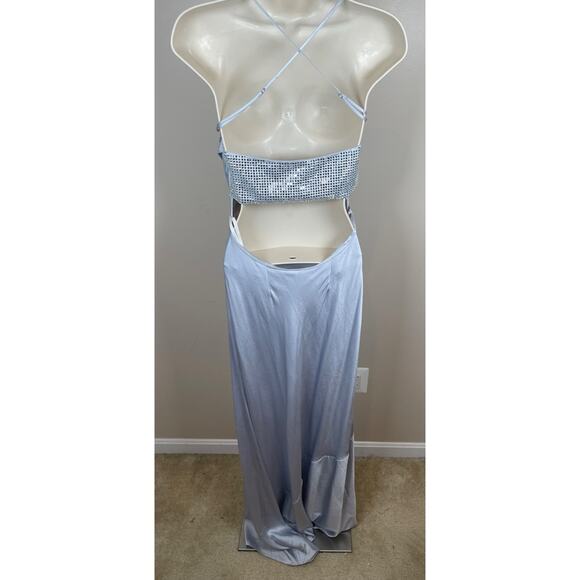 Retrofete Emery Crystal Embellished Silk Cowl Neck Dove Silver Maxi Dress Sz XS - Picture 7 of 8